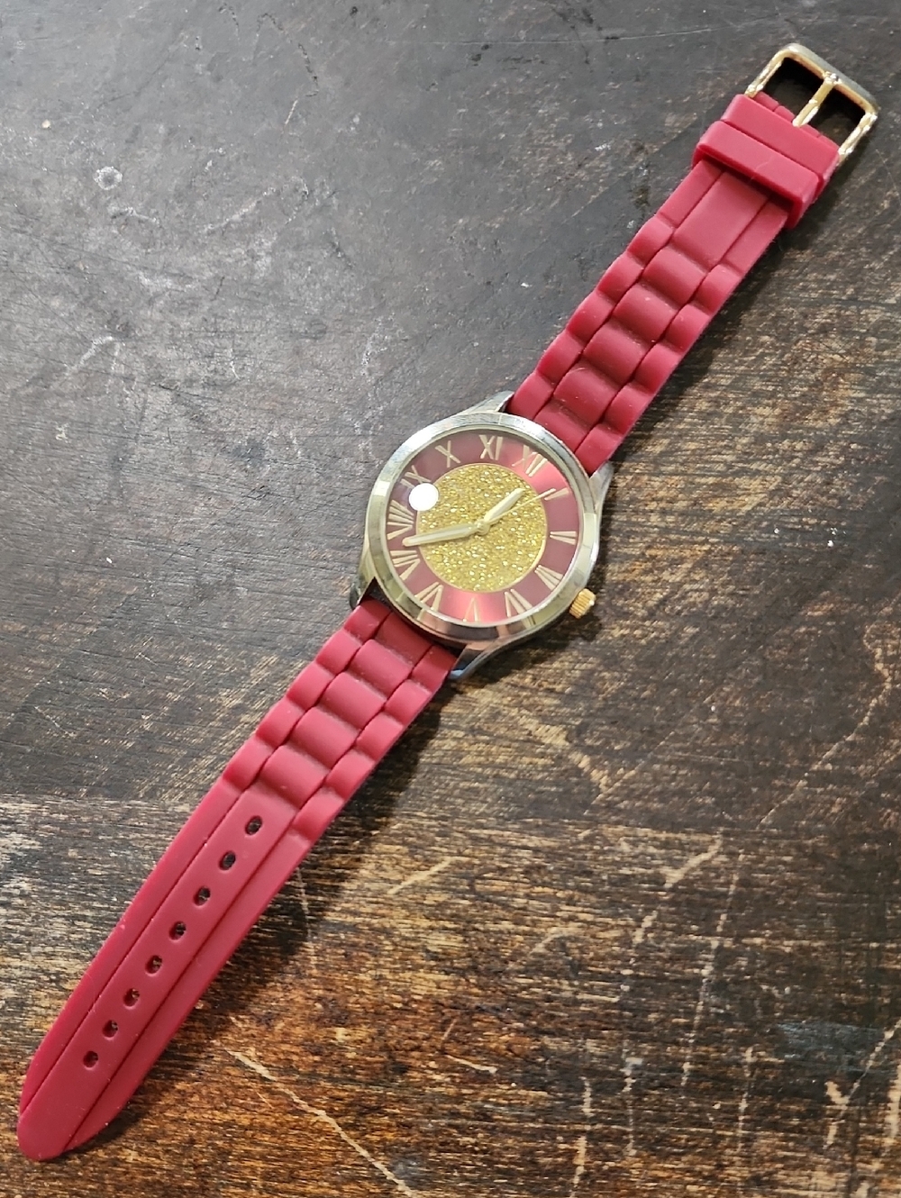 Red Silicone Strap Watch with Gold Glitter Dial